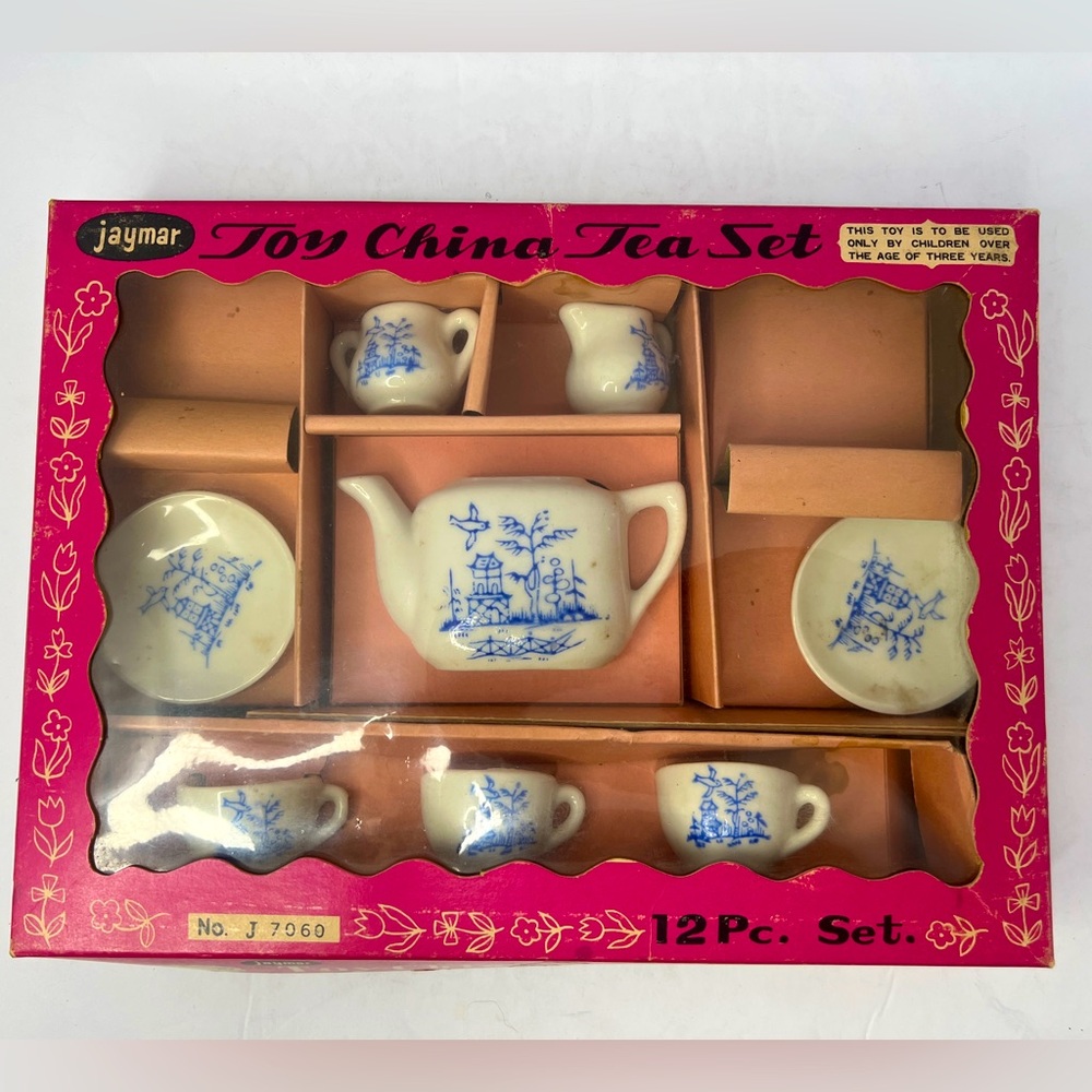 RARE Vintage Jaymar Childrens Toy China Tea Set w/Original Box! Blue Oriental